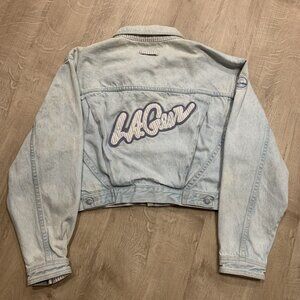 Vintage 80's / 90's LA Gear Women's Large L Denim Jean Cropped Jacket W/ Patches